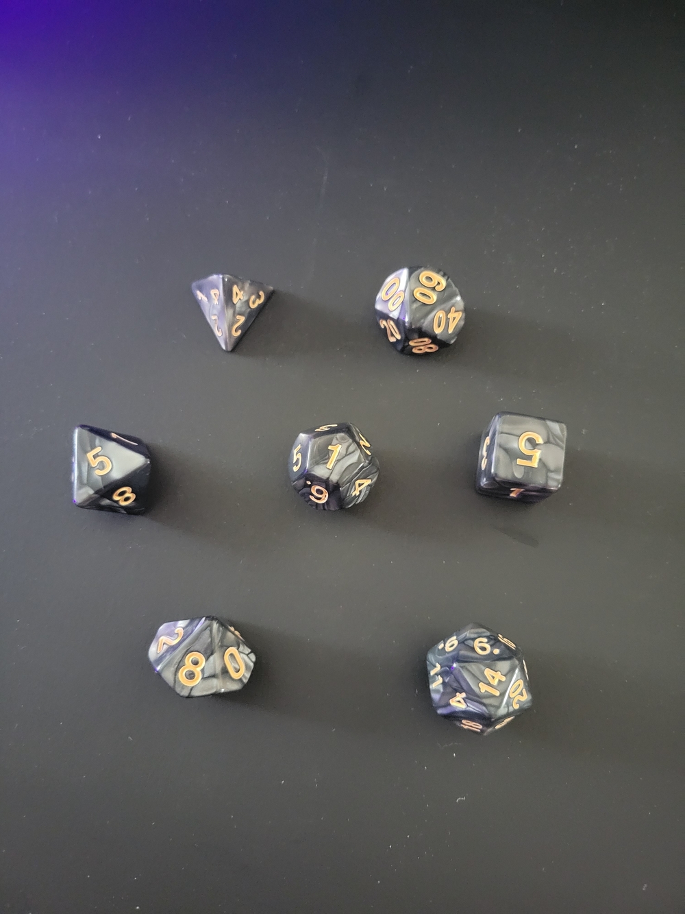 Polyhedral RPG Dice Set - Black Swirl with Gold Numbers